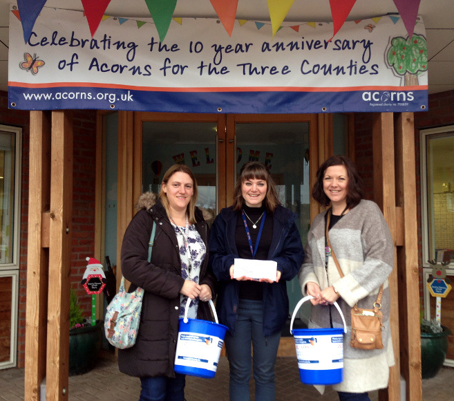 Lucy and Sarah of Wider Plan deliver a cheque for £200 to Acorns Children’s Hospice.